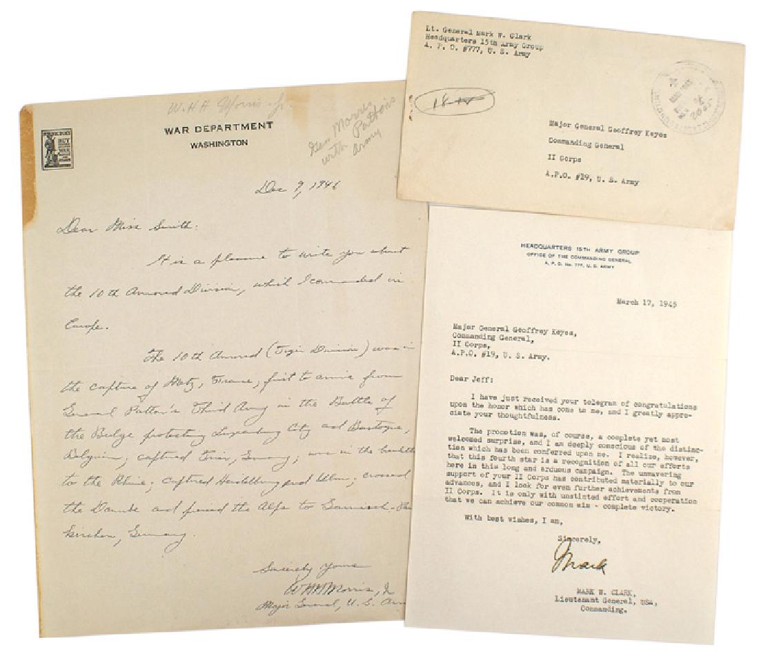 Lot of 2 letters from U.S. WWII Army Generals: S-031 Lot of 2 letters from U.S. WWII Army Generals: (1) Typed "March 17, 1945" to Major General Geoffrey Keyes from Lt. General Mark W. Clark - thanks are extended for the congratulations expressed o