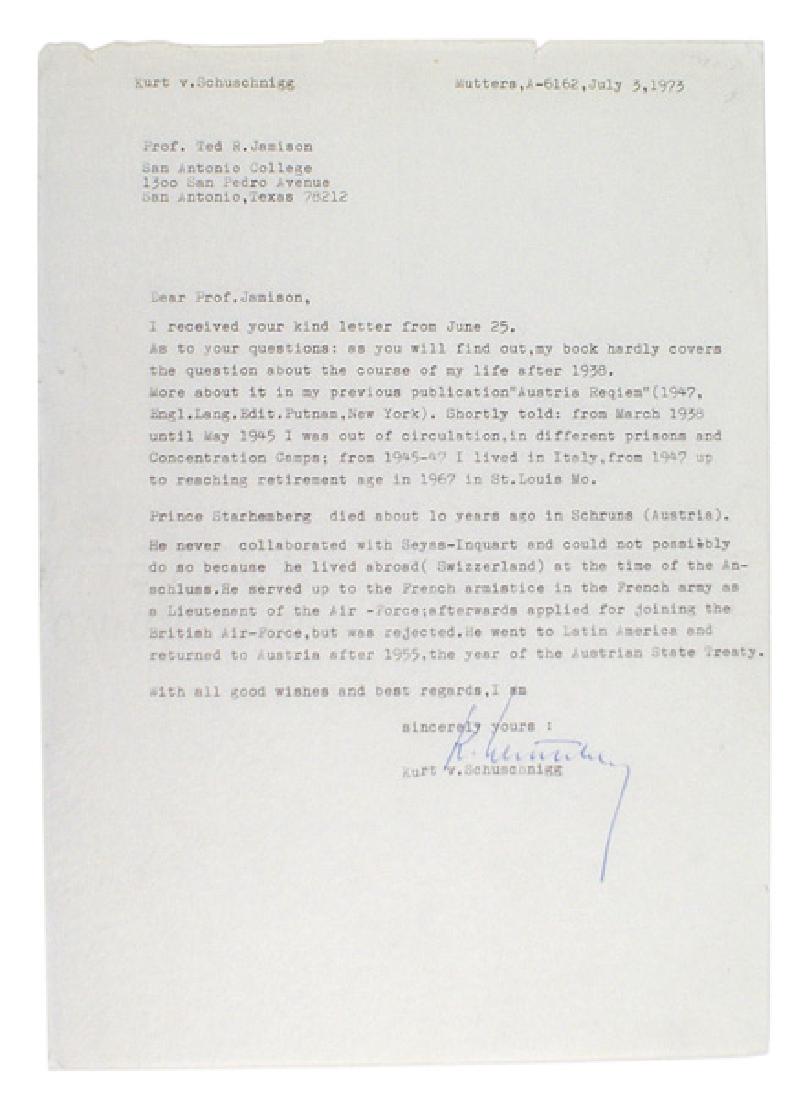 Letter from Chancellor of Austria Schuschnigg: S-049 Typed reply letter to a San Antonio College professor from Kurt von Schuschnigg who served as the Federal Chancellor of Austria from 1934 until the Anschluss in 1938. Several other political que