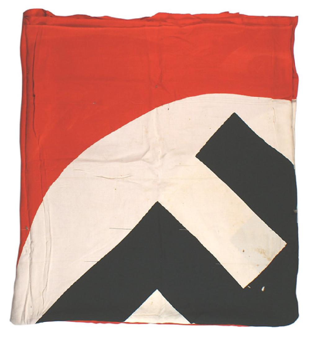 Massive German WWII NSDAP flag: H-082 Massive German WWII N.S.D.A.P. flag. Large printed white circle holding a printed black swastika - on a red field. 120" x 74". Both ends indicate being cut down from an even more massive flag. A
