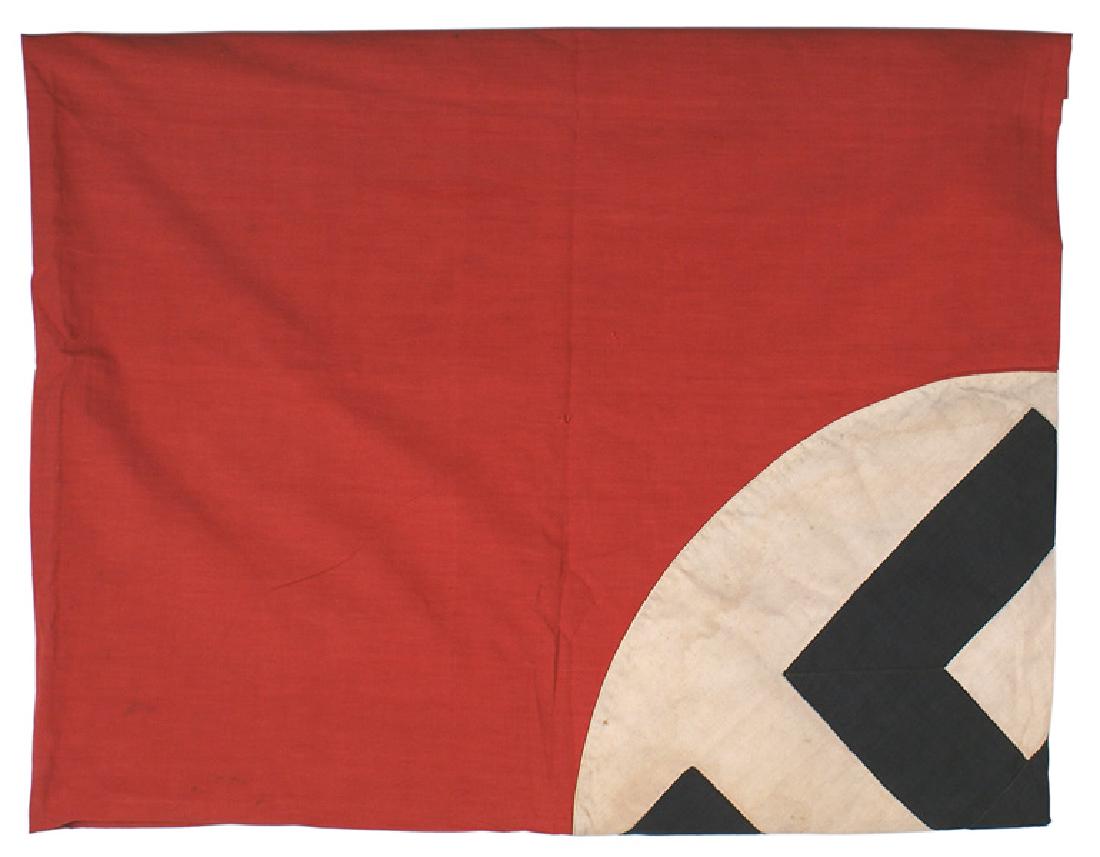 German WWII NSDAP banner flag: H-083 German WWII N.S.D.A.P. banner. Large black cloth swastika sewn to a white disc - sewn on a red field. 112" x 48". Sleeve across top. Shows some wear with small stains. II