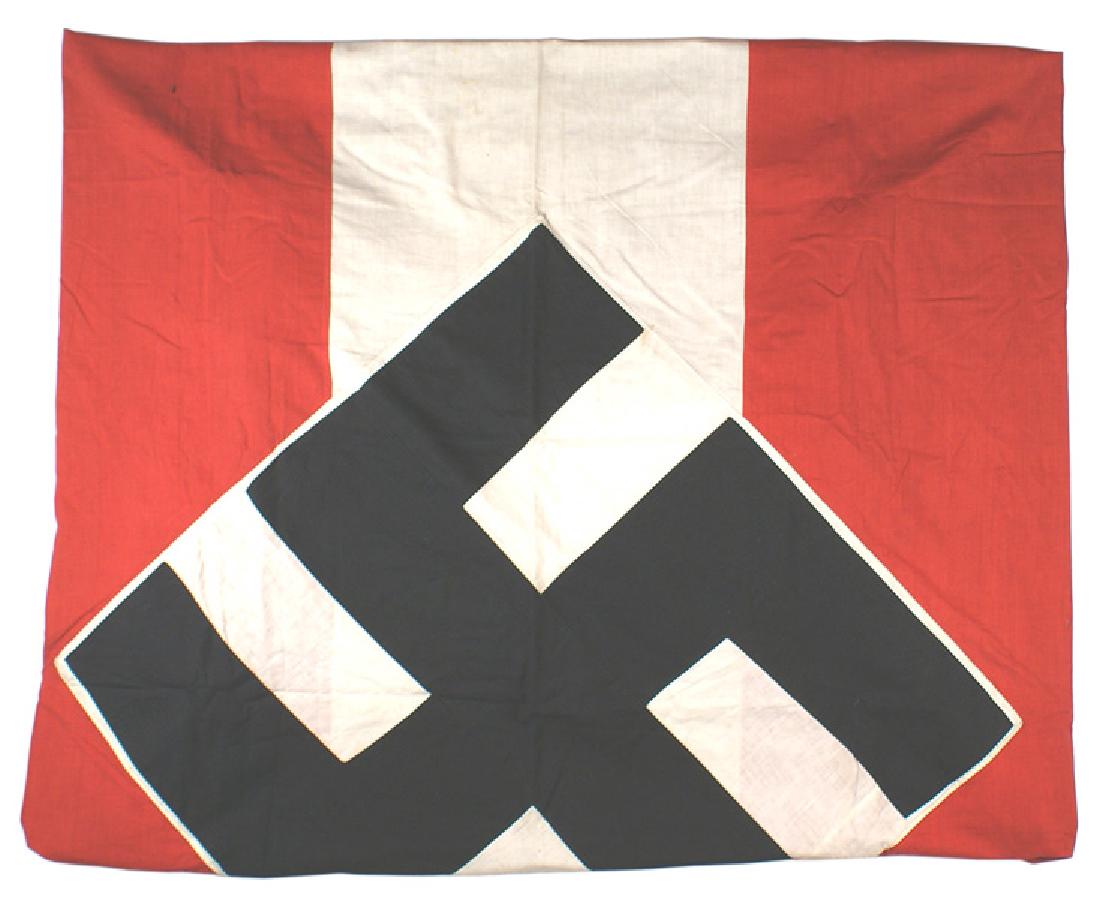 Huge German WWII Hitler Youth flag: H-090 Huge German WWII HJ flag. Separately sewn tilted swastika within a white diamond on an 18" wide horizontal white stripe down center of flag. Wide pole sleeve. Stamped in two areas "Dusseldorf".