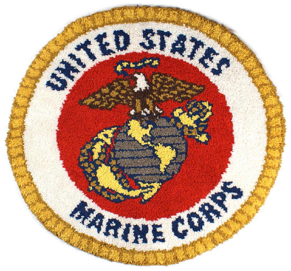 USMC round shag rug or wall decoration: H-202 USMC round shag rug/wall decoration. Multi-color EGA within a red circle - on a white field with "UNITED STATES MARINE CORPS". Three suspension loops. 35 1/2" diameter. Circa 1950's. II+
