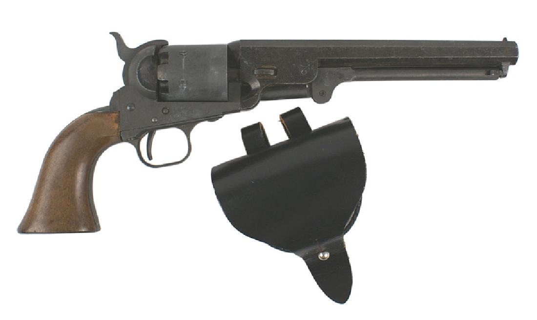 Japanese model 1858 Navy percussion Colt pistol: H-248 Japanese made model of an 1858 Navy percussion colt. Rotating cylinder, moving hammer and loading lever. All darkened metal with wood grips. Marked on bottom of frame "JAPAN". With a reproductio