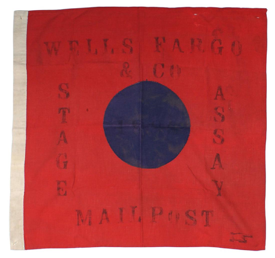 Reproduction Wells Fargo stagecoach station flag: H-249 Reproduction Wells Fargo stagecoach station flag. 8" diameter blue circle with a faint printed "1886" date across center sewn to a 22 1/2" x 24" red field. Stenciled black ink lettering "WELLS F
