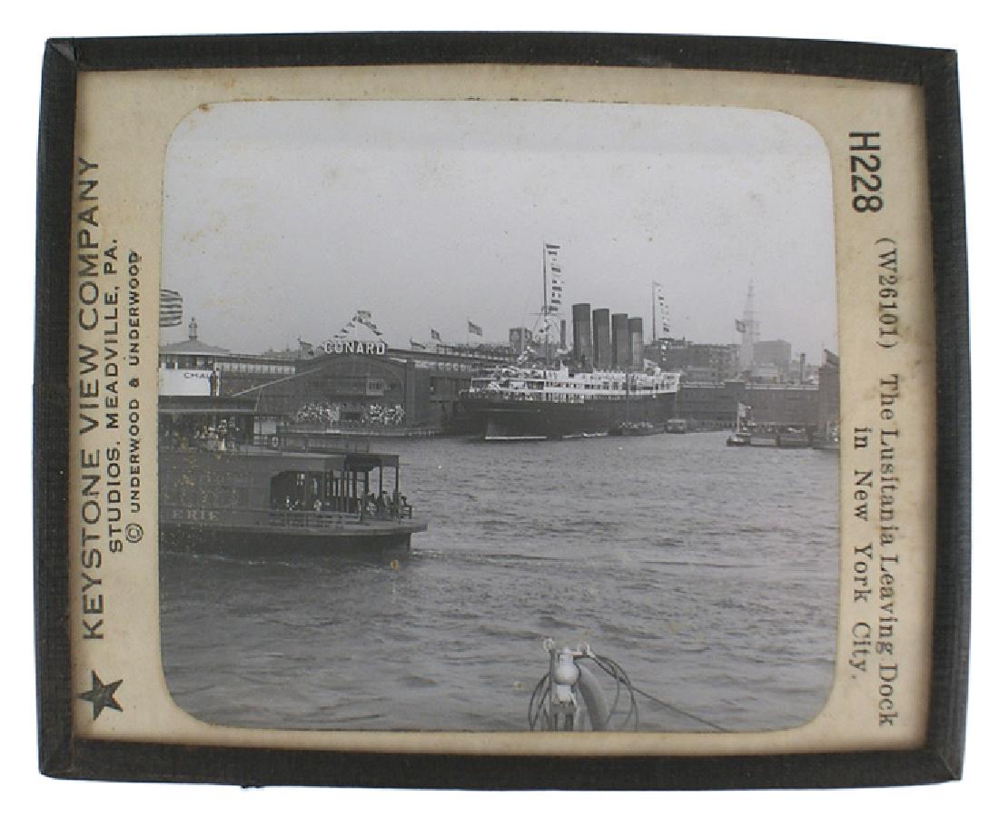 Glass projector slide The Lusitania Leaving Dock: L-014 Glass projector slide of "The Lusitania Leaving Dock in New York City". Made by the "KEYSTONE VIEW COMPANY". 3 1/4" x 4". II