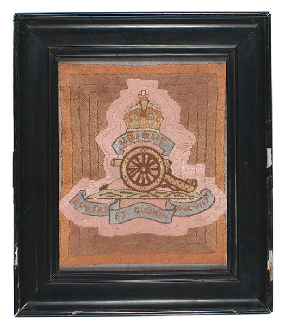 British antique military embroidery: G-027 British antique military embroidery. Multi-color presentation of a crowned artillery badge. Includes the motto "UBIQUE QUO FASET GLORIA DUCUNT". Mounted in a period blackened gesso frame. Overal