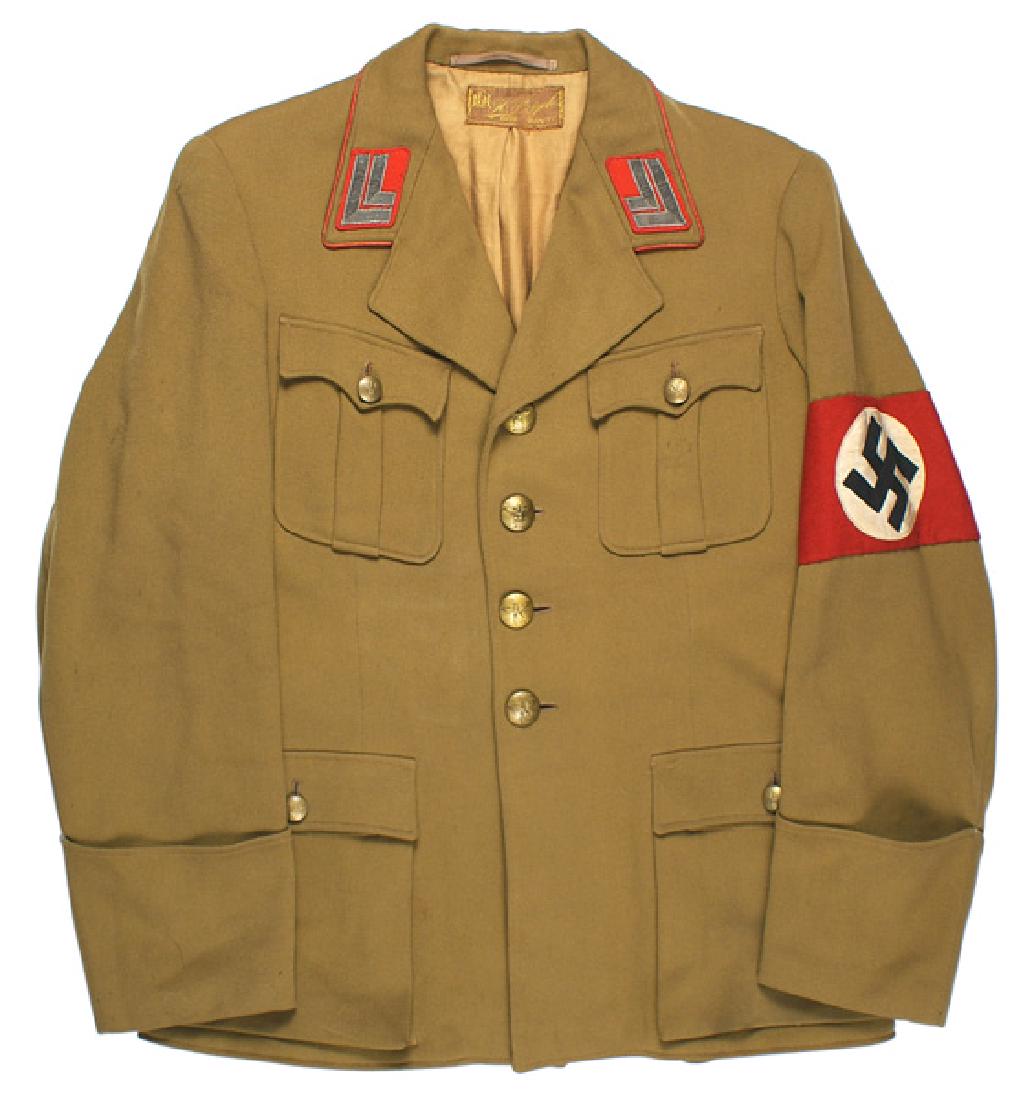 German WWII NSDAP Gau Level uniform: F-001 German Third -Reich N.S.D.A.P. Gau level Hauptstellenleiter uniform: (1) Gold-brown four -pocket open collar type tunic. Red piped collar. Double "L" shaped silver bars with interwoven swastika