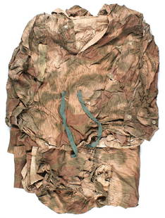 German WWII Army camouflage smocks: F-008 Lot of 2 German WWII Army Splinter-pattern camouflage smocks. Salmon-tan-green-Splotches. Attached hood, split pockets and drawstring waist. Both show wear. One has holes In the hood. II