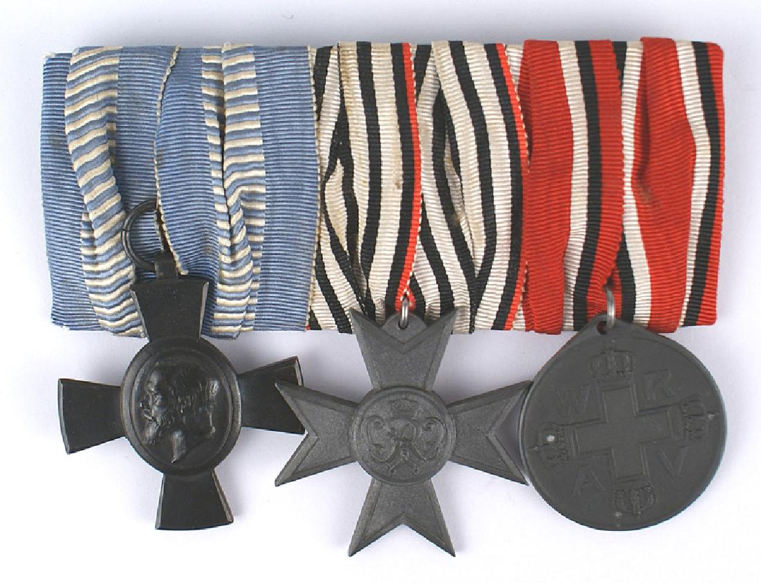 Imperial Bavaria medal bar King Ludwig Prussian Red: B-002 Bavaria. Three-medal bar: King Ludwig Cross 1916, Prussian War Helper's Cross and Prussian Red Cross Medal. II
