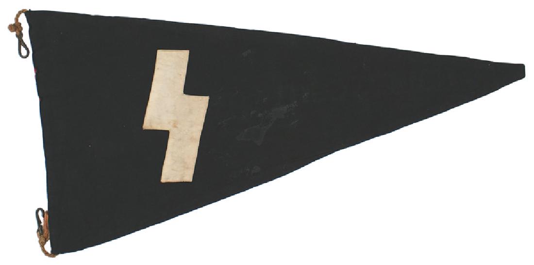 German WWII DJ German Youth pennant flag: H-069 Third-Reich DJ (German Youth) pennant. 10 1/2" x 22" red field with a white wolf's tooth and white embroidered honorarium "THEODERICH" (King of the Ostergoths). Snap hooks in two corners. II