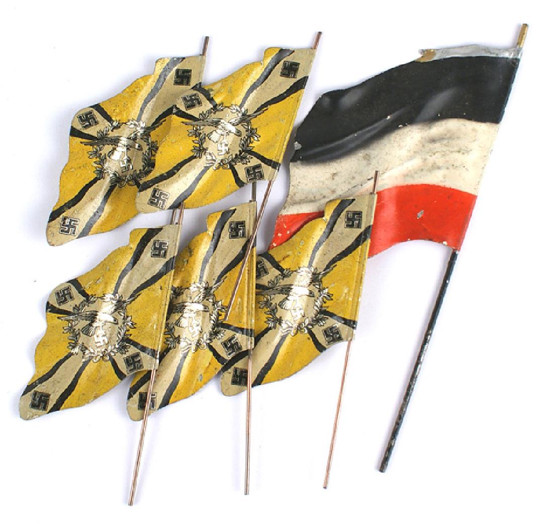German WWII Lineol-Elastolin standards toy soldiers: H-085 Lot of 5 Third-Reich Lineol-Elastolin Luftwaffe Flight standards for toy soldiers. Lithographed, in exact detail on tin. Also, a larger National black/white/red flag for a larger scale toy soldi