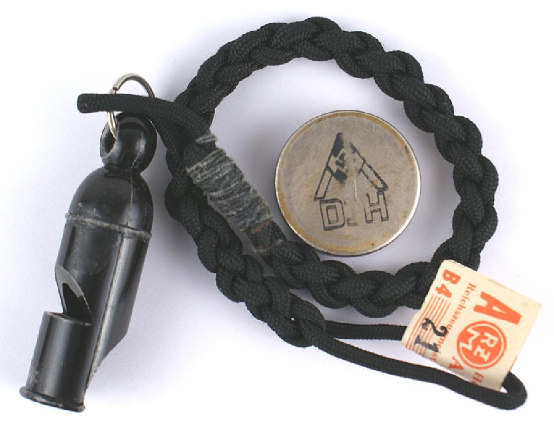 German WWII Hitler Youth items compass lanyard: H-095 Lot of 2 Hitler Youth items: (1) Pocket compass. 1 1/8" diameter. Bottom marked with an HJ diamond and "D.H." (2) Whistle on braided 12 1/2" lanyard. With an "RZM-HJ" paper label. II