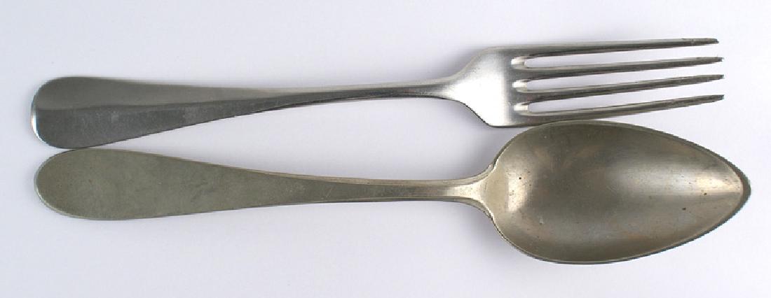 Lot of 2 Italian WWII era mess hall table utensils: H-150 Lot of 2 Italian WWII era mess hall table utensils: (1) 8 3/8" nickled serving spoon. Reverse is stamped with the letters "AM", the Arms of the House of Savoy and a Fascist shield. Also with mak