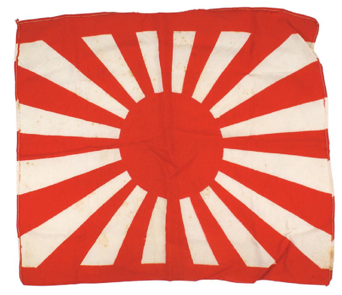 Japanese WWII silk rising sun flag: H-154 Japanese WWII silk "rising sun" flag. 14" x 16 1/2". Wide red border along top and bottom. II