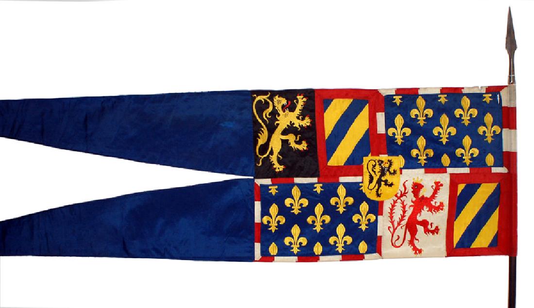 Antique museum copy Medieval standard flag: R-004 Antique museum copy of a medieval swallow tall standard. 25" x 38" body with 68" blue tails. Seven individual colorful embroidered panels includes two diagonal colors, two of "Fleur-dis-lis" and