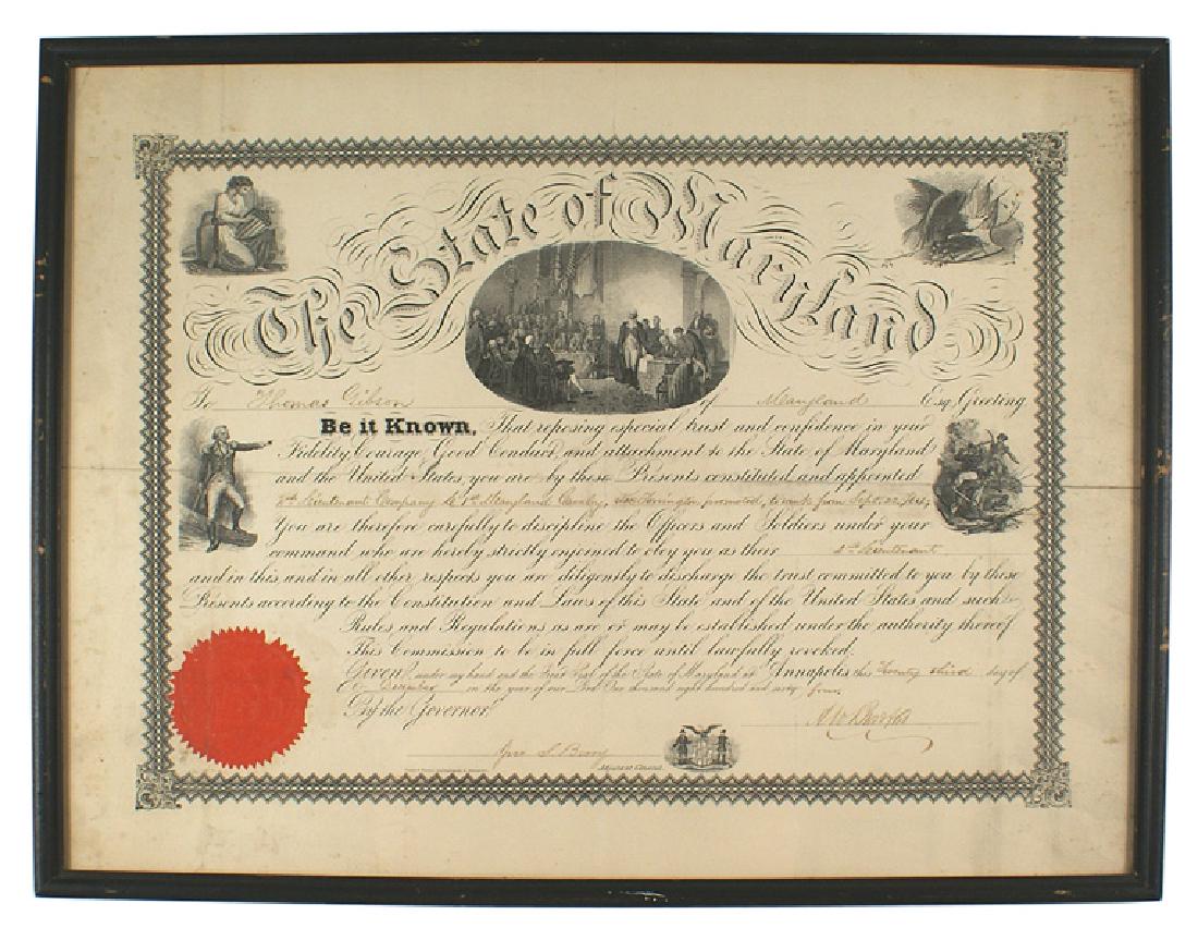 Civil War State of Maryland promotion document: K-036 Civil War State of Maryland promotion document to 2nd. Lt. 1st., Maryland Cavalry. Commission is given to Thomas Gibson on 24 December 1864. Signed by the Governor and Adjutant General. Framed 1