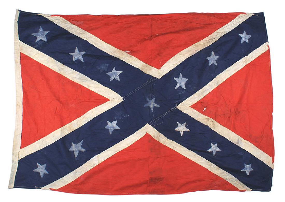 UCV Confederate Veterans flag: K-061 UCV - Confederate veterans flag. Machine sewn red panel, blue and white "bars" and white painted stars (fading). Border has inked "CONFEDERATE BATTLE FLAG 1864 - HAND MADE (BEAR PATH SCHOOL)". S