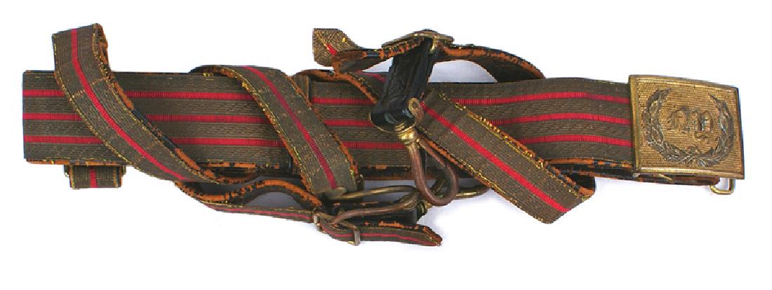 New York State dress belt and buckle: K-063 New York State dress belt and buckle. Leather belt with 1 3/4" wide flat gold wire facing (aged darkened) with 3 red stripes. Matching sword hangers and brass snap hooks. Square gilt buckle with