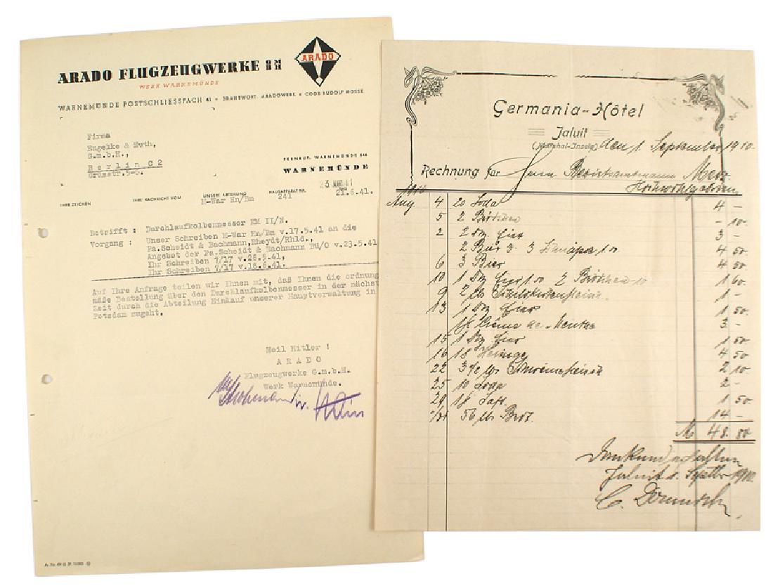 German WWII lot photo Bismarck letter etc: Q-024 Lot of Third-Reich related items: (1) Post-war 8" X 10" photo of the Bismarck. Ink signed "Bismarck Survivor - Bruno Rzonca. (2) 1941 letter on "ARADO FLUGZEUGWERKE GMBH" with logo letterhead. C