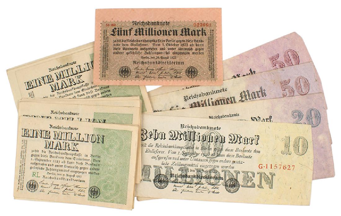 Lot of 23 German 1923 inflation notes: P-019 Lot of 23 German 1923 inflation notes. All are between one and fifty Million Marks. II+