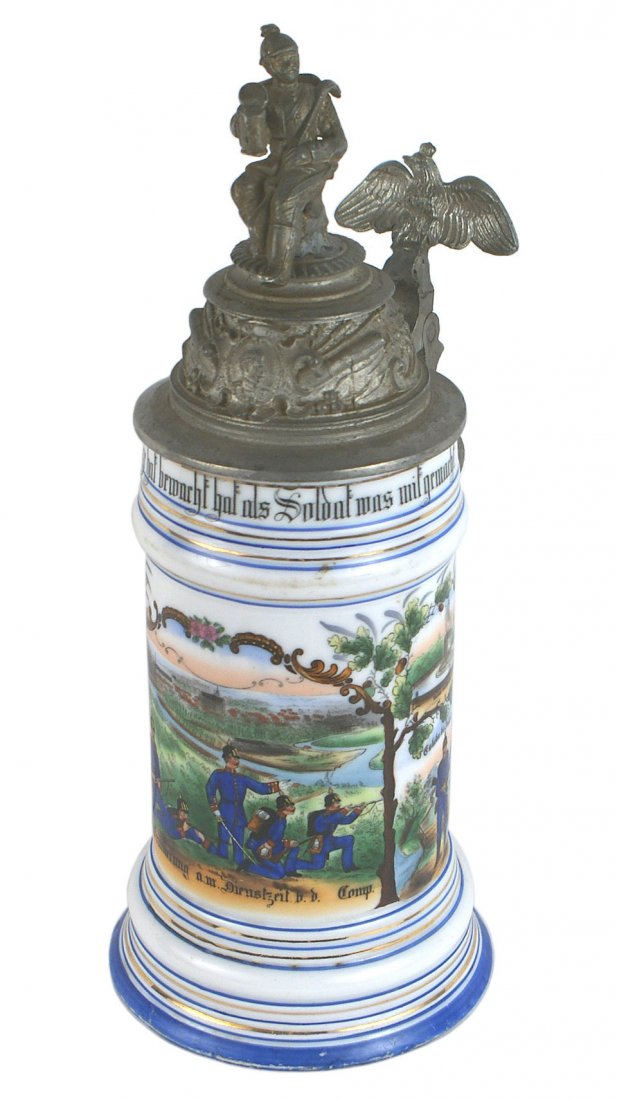 Imperial German porcelain Reservist stein WWI: G-003 Imperial German Porcelain Reservist stein. Colorful scenes of soldiers in the field, drinking in a tavern and a view of their kaserne. Tiered pewter lid has a seated solider holding a stein (was