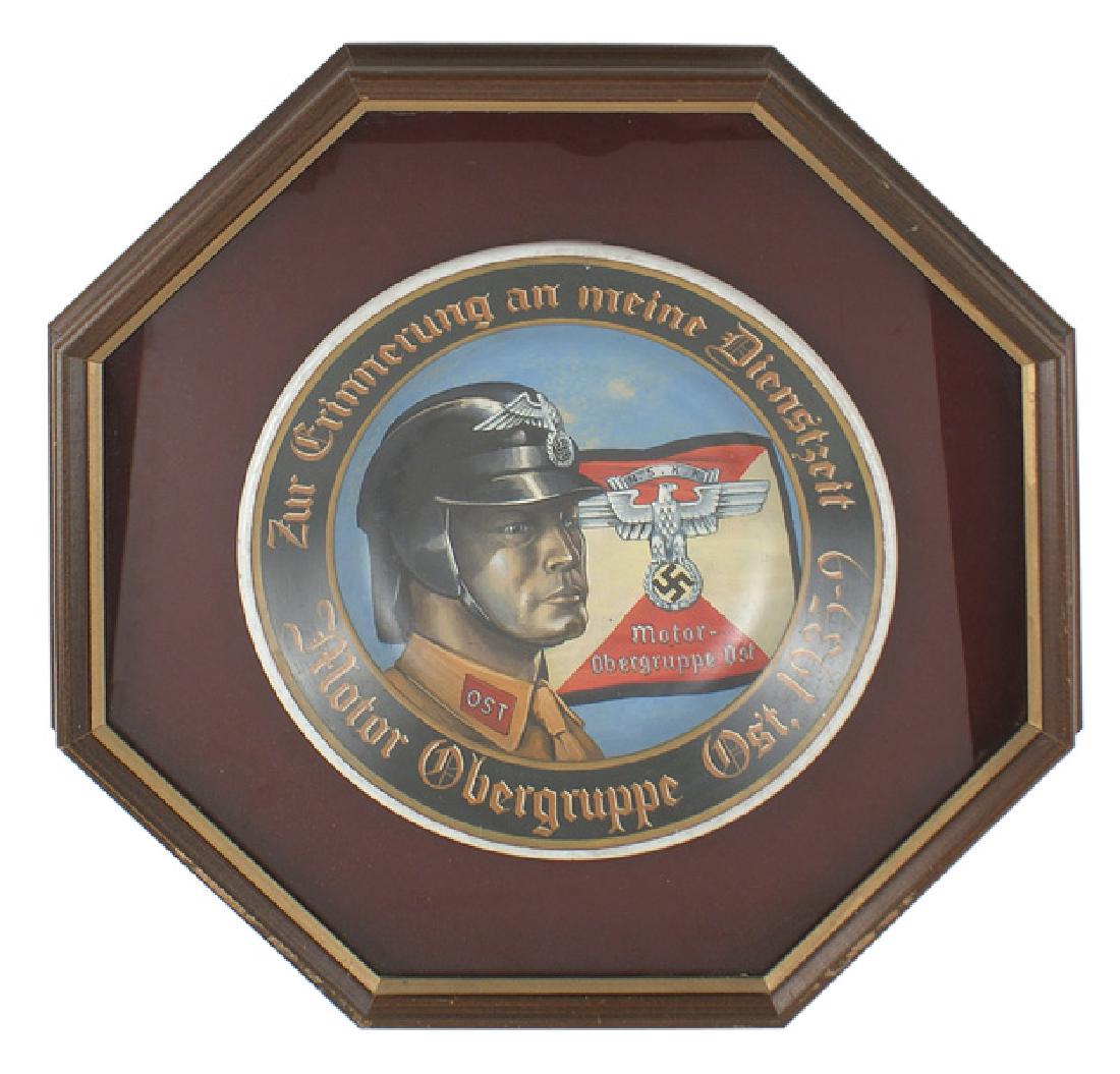 Post WWII German soup plate NSKK: G-014 Quality post-war hand-painted original mess hall porcelain 9 1/4" diameter soup plate. Realistic profile of a helmeted NSKK cyclist with an "OST" collar tab - facing a red/white, NSKK eagle staf