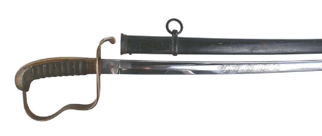 Imperial Bavarian Officer sword: D-067 Bavarian Officer's sword. Brass pommel/backstrap and reverse "P" wide knuckle - bow culminating into an oval - shaped guard with slots for a portopee. 32 5/8" clean curved blade (has been sharpe