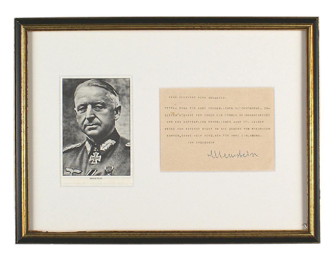 German WWII General Fieldmarshall von Manstein: S-007 Framed matted display of a photo print of General Feldmarschall von Manstein and an original "Thank you" post-war post card sent to a "MR EDWARD A. SCHAEFER". Typed note is a thank you for "good