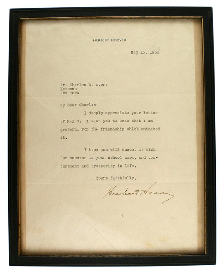 Typed letter on President Herbert Hoover letterhead: S-015 Typed letter on Herbert Hoover Letterhead. Dated "May 15, 1932" the ex-president expresses appreciation for an earlier letter, friendship and well wishes to a Charles Avery of Katonach, N.Y. Ink