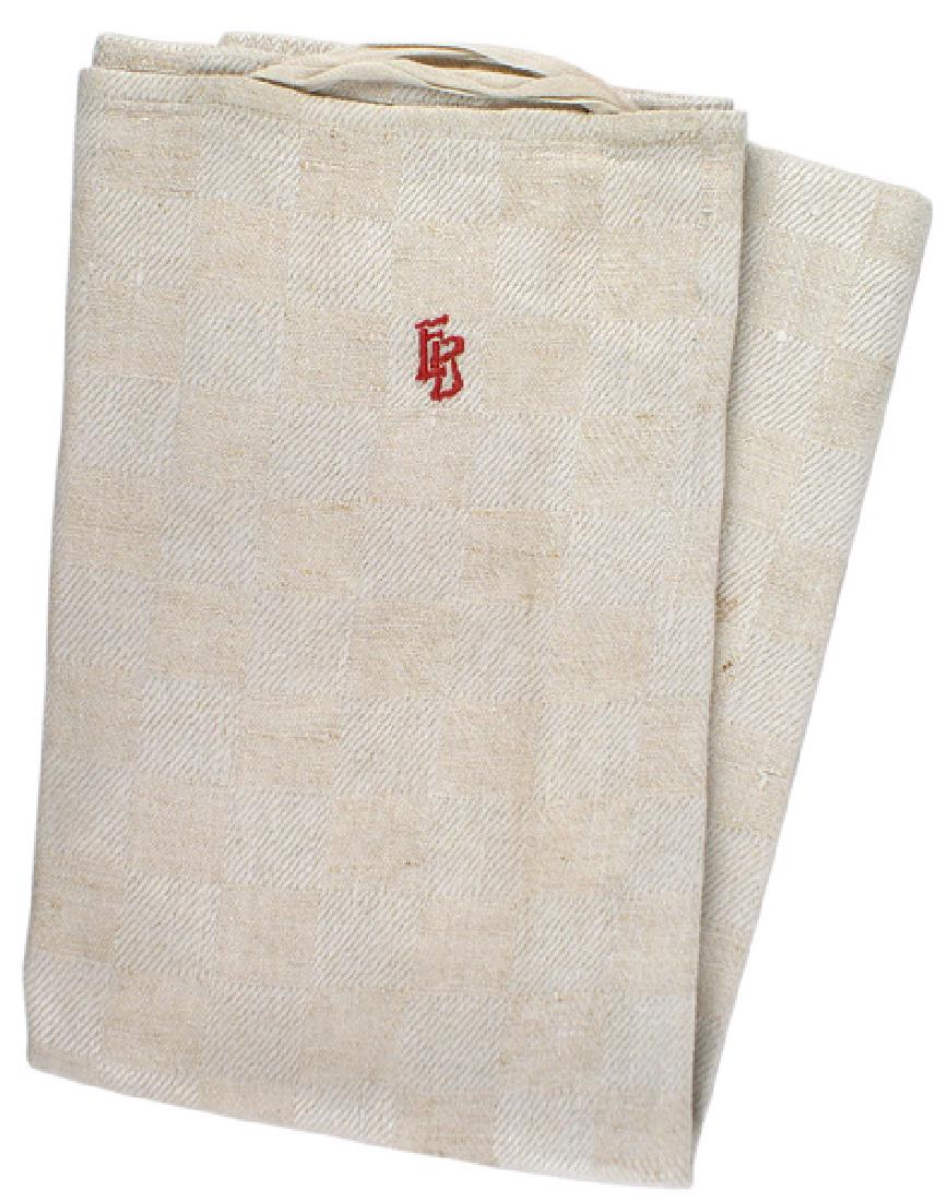 German WWII Eva Braun personal towel: A-040 Eva Braun hand towel. 16 1/2" x 41" off-white, two different tones of a "checkered board" pattern with a 1 7/8" wide linear border. Top center has a relief red embroidered "EB" monogram. White r