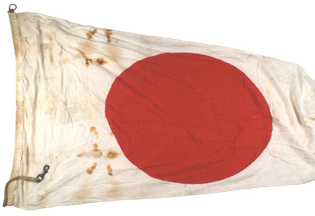 Japanese WWII meatball pennant type flag: H-161 Japanese WWII "meatball" pennant type flag. Unusual with a squared not pointed end. 25" diameter red circle sewn to the white gauze-like material. 36" x 104". Reinforced sleeve with the original