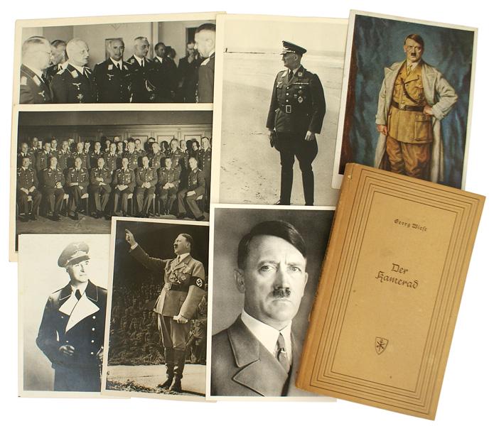 Lot of German WWII photos and postcards: L-005 Lot of Third-Reich photos and postcards: (1) Four photos of Luftwaffe Gen. Lt. Johannes Graf von Hachenburg. Two are with other Generals. Three postcards of Adolf Hitler. One is a Hoffman color
