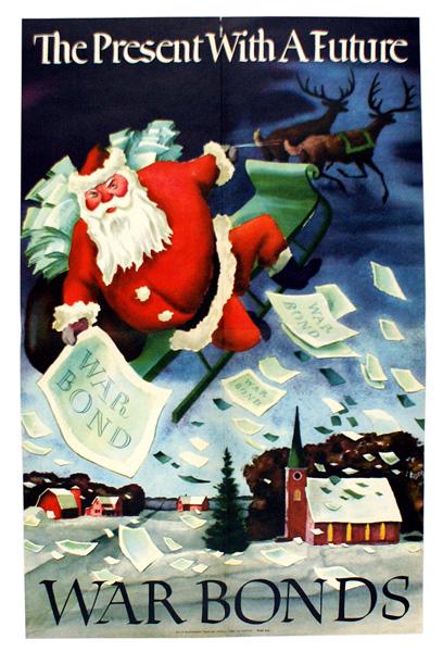US WWII posters WAR BONDS Santa Claus etc: L-025 Lot of US WWII posters: (1) "Even a little can help a lot - NOW". Mother and daughter pasting war stamps in a savings book, next to father's Army hat. "BUY US WAR STAMPS - BONDS. 1942. 20" x 14"