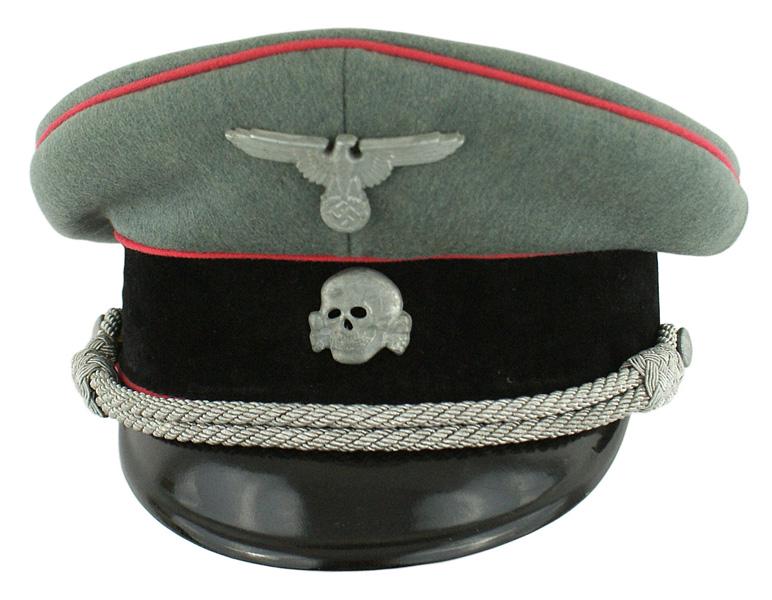 German WWII Waffen SS Panzer peaked cap: E-097 German WWII Waffen-SS Panzer officer's peaked cap. Pink piped black velvet band and doeskin type crown. Gray metal eagle/swastika and skull. Silver chincord. Black vulcan visor. Brown leather sw