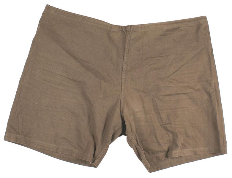 German WWII RAD Labor Corps sports shorts: F-028 German WWII RAD (Labor Corps) tan sports shorts. One back pocket. Drawstring waist. Cloth label in lining named to "Arbeitsmann Wittensoldner - Abt. 1/298". II