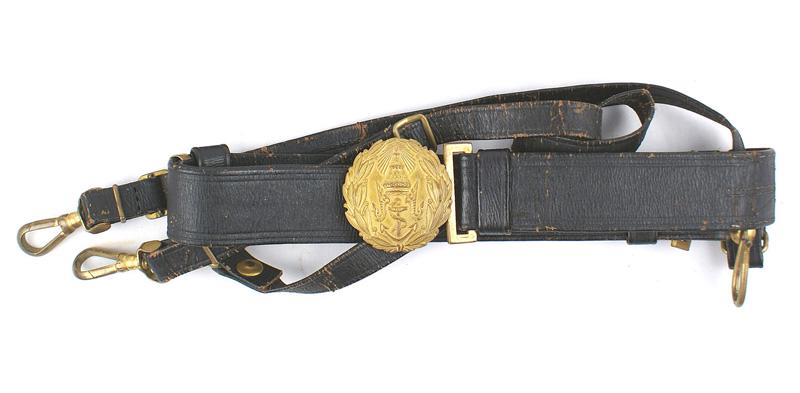 Siamese Navy officer dress belt and buckle Victorian: F-065 Siamese naval officer's dress belt and buckle. British style black leather belt with a quality gilt buckle bearing a relief traditional pointed crown / winged embellishments / fouled anchor and 