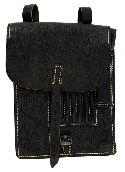 German WWII Army WWII leather map case: N-001 German WWII Army WWII black pebbled leather map case. Front flap, pencil holders, two compartments and two adjusting straps on reverse. Unissued. Mint condition. I