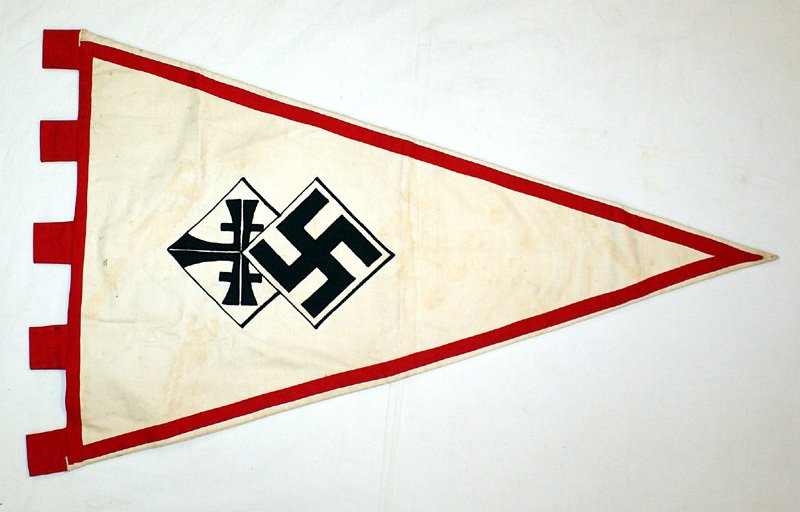 German WWII National Gymnastics pennant: H-110 German WWII National Gymnastics pennant. Black embroidered "Turn-Verein-Horstheide" with a large red cypher "DT". Red "ribbon" inner border. Reverse has a black embroidered swastika and "Deutsch