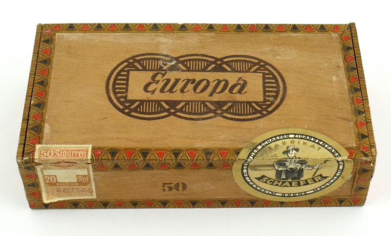 Unopened box of 50 German WWII cigars: H-139 Unopened box of 50 Third Reich cigars. Wood box with a large "Gebr. Schaefer" label and a 20 Rp.f. tax stamp. II