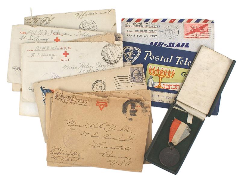 US WWI lot LIBERTY LOAN medal letters: H-191 U.S. WWI lot. Includes: (1) Cased "VICTORY LIBERTY LOAN" medal. Made from captured German cannons and awarded by the U.S. Treasury Department. Case is damaged. (2) Lot of eight letters/envelopes