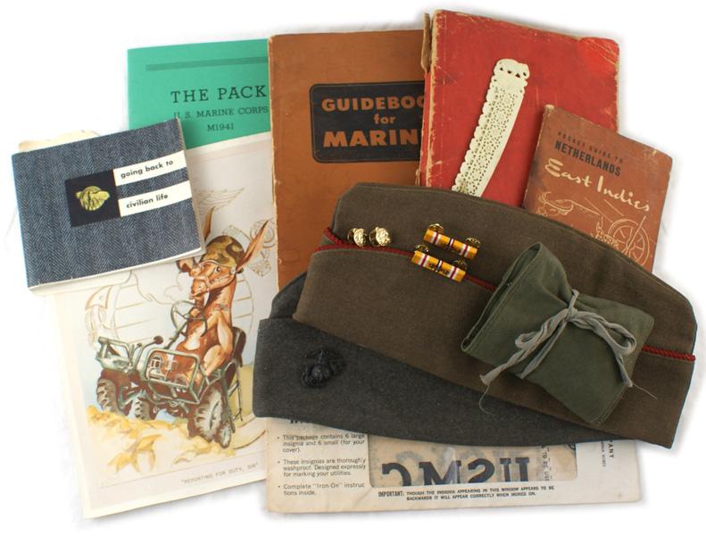 US Marine Corps lot oseas caps Handbook: H-205 Miscellaneous Marine Corps lot. Includes: (1) Two WWII o'seas caps - Marine EM with EGA and Army Officer's with red piping. Inked with serial number. (2) WWII sewing kit. (3) "The Marine's Handb