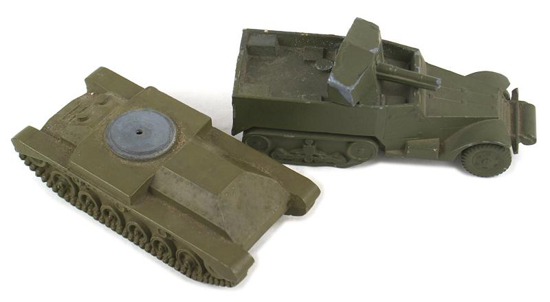Lot of 2 US WWII vehicle OD training models: H-206 Lot of 2 WWII cast metal vehicle OD training models. Includes: (1) British MK-III Cruiser. Made by "COMET". 6" x 3". Missing turret. (2) U.S. Half Track. Howitzer is detached. 6 3/8" x 2 1/4". M