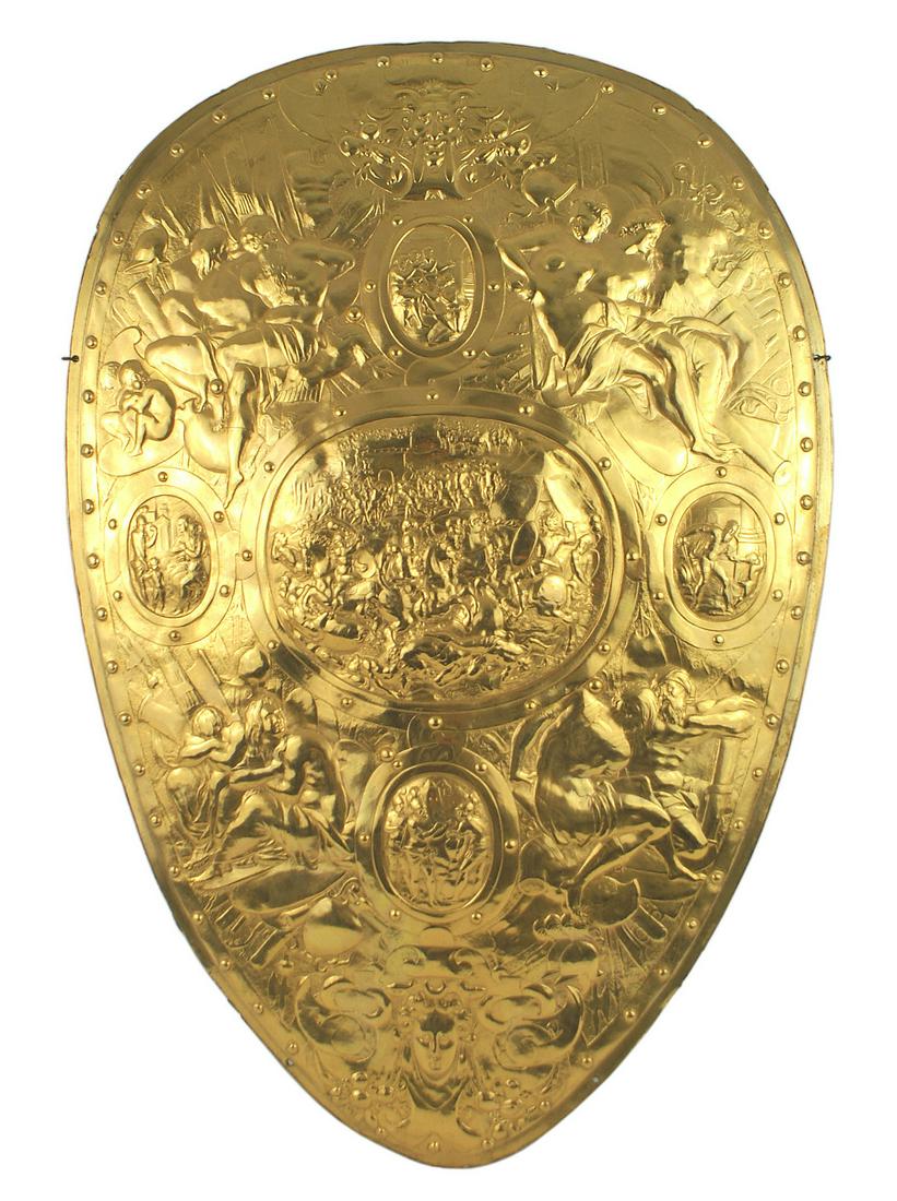 Museum quality shield of Henry II France 10K gold: R-002 Museum quality reproduction of a shield of Henry II France (1519 - 1559). 10K gold Victorian electrotype copy - attributed to Elkington & Co. London. Circa 1890. Inverted 27" x 18" tear - drop s