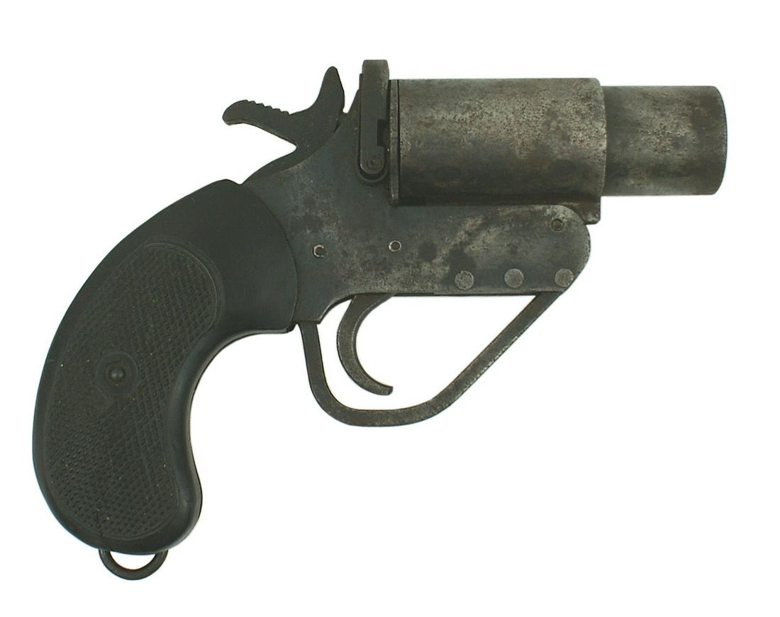 British WWII era flare pistol: M-027 British WWII era flare pistol. Blackened finish is worn on the revolver pattern. 3 5/8" barrel is pitted. Receiver has some bluing. "U" shaped trigger guard. Checkered bakelite grips with a lany