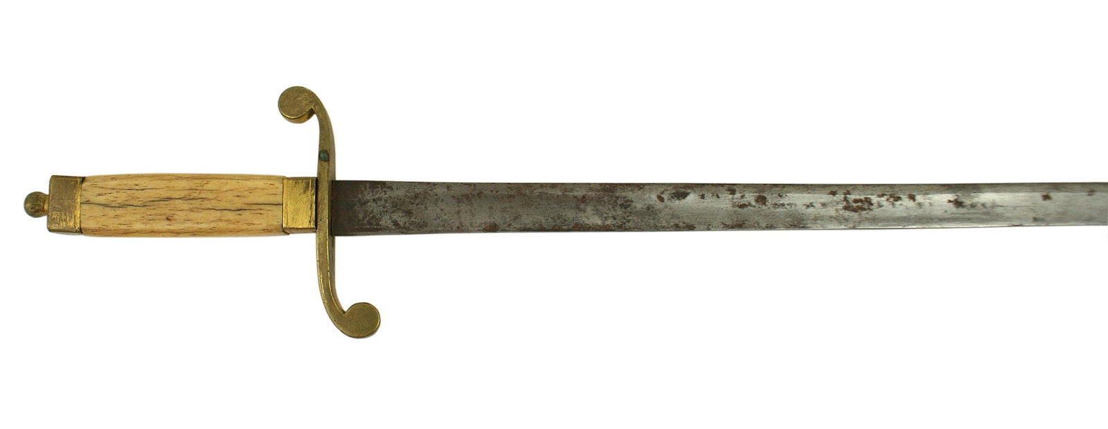 British Revolutionary War naval dirk dagger: K-037 English, American Revolutionary Period naval dirk. Round ball on a pedestal capstan. Squared off aged bone grip with beveled corners. Gilded brass "square box" pommel, ferrule and "S" crossguard