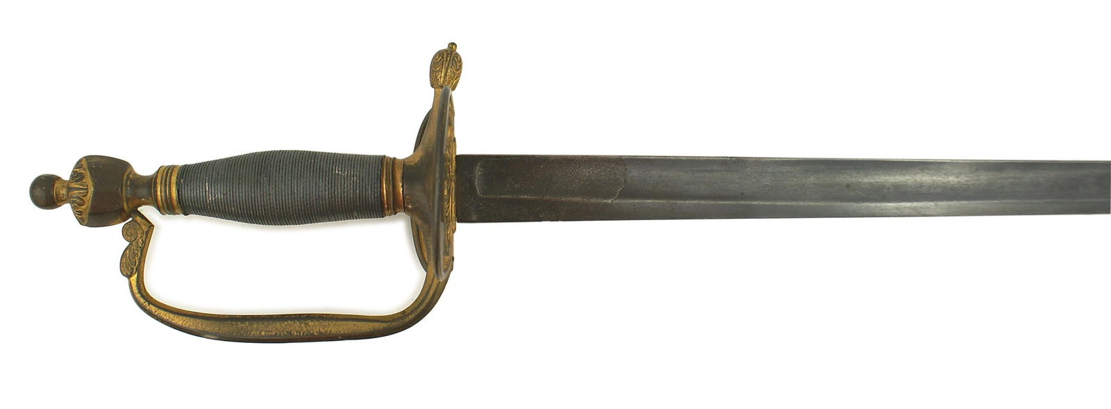 British M1796 officer sword: K-043 British M1796 officer's sword. Some small relief floral embellishments on each of the gilt brass components of the handle - decorated urn shaped pommel, reverse "D" knuckle-bow, "figure 8" guard