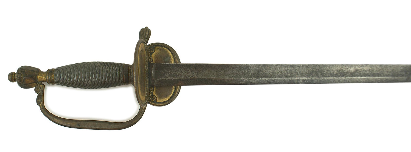 British M1796 officer sword: K-044 British M1796 officer's sword. Some small relief floral embellishment on each of the gilt brass components of the handle - decorated "urn" shaped pommel, reverse "D" knuckle-bow, "figure 8" guar