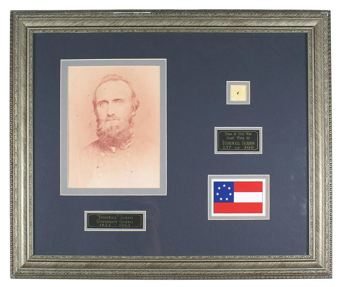Confederate General Stonewall Jackson commemorative: K-067 Professionally framed and matted Commemorative of Confederate General "Stonewall" Jackson. Includes: (1) Antiqued copy photo portrait of Jackson. 9" x 6 7/8". (2) "Piece of Civil War Scarf Worn 