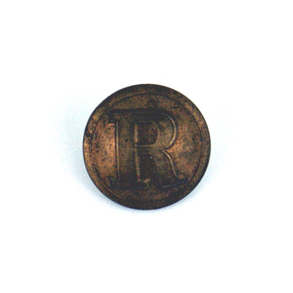 US Civil War Confederate veterans button: K-069 Confederate veterans Rifleman's button. Age toned gilt, two - piece with a large "R". Obverse same as a Civil War produced button. Reverse is maker marked "WM. DOWLER & SONS LTD. - BIRMM.", back