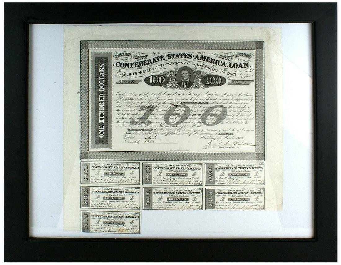 Confederate States Type 132 $100.00 bond Framed: K-070 Confederate States Of America Type 132, $100.00 bond dated 3 March 1863. Portrait of Alt Stephens and signed by "Rose". Register of Treasury, seven payment coupons still attached. Framed 19" x 2